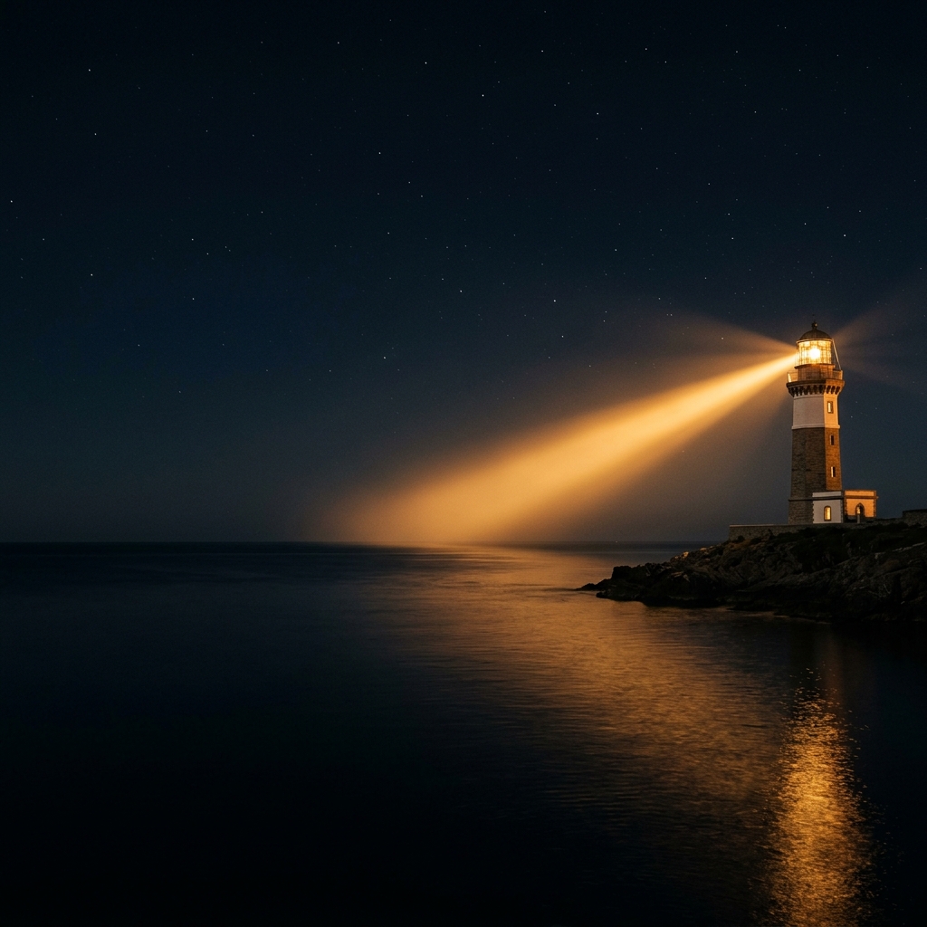 A lighthouse casting a warm golden beam across dark water